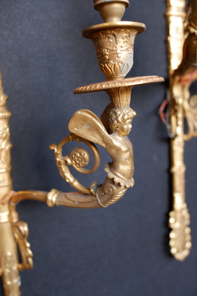 Pair of Antique French Gilt Brass Ornate Cherub Double Arm Wall Lights