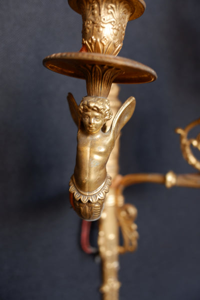 Pair of Antique French Gilt Brass Ornate Cherub Double Arm Wall Lights