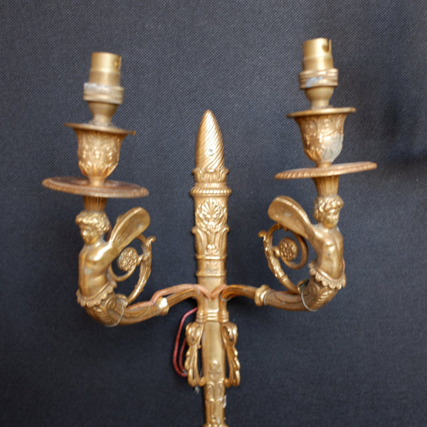 Pair of Antique French Gilt Brass Ornate Regency Style Cherub Double Arm Wall Lights