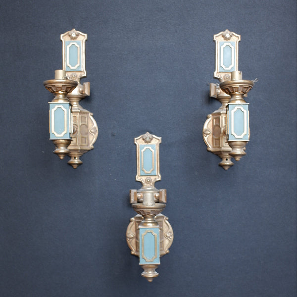 Set of 3 Georgian Style Vintage Brass Ornate Gold & Green Wall Lights Embossed