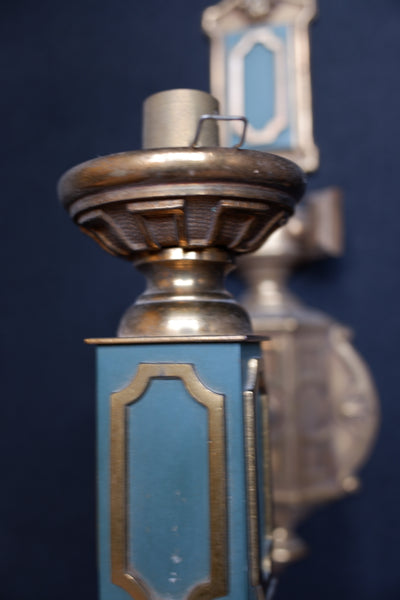 Set of 3 Georgian Style Vintage Brass Ornate Gold & Green Wall Lights Embossed