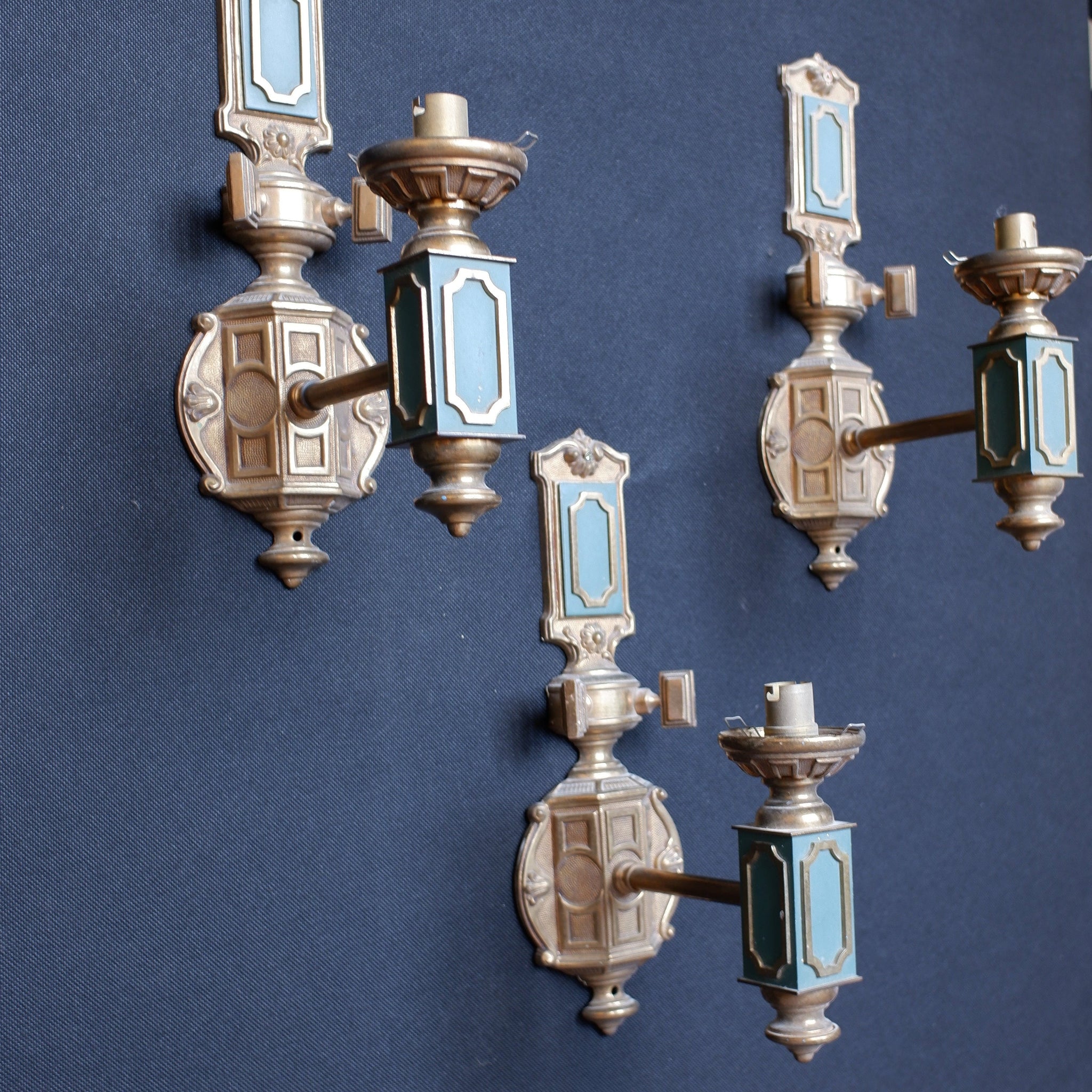 Set of 3 Georgian Style Vintage Brass Ornate Gold & Green Wall Lights Embossed