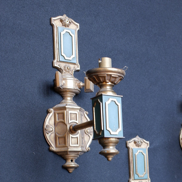 Set of 3 Georgian Style Vintage Brass Ornate Gold & Green Wall Lights Embossed