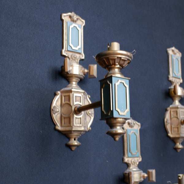 Set of 3 Georgian Style Vintage Brass Ornate Gold & Green Wall Lights Embossed