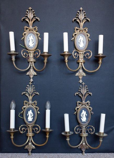 Set of 4 Vintage Ornate Black & Gold Brass Wall Lights Double Arm w/Silhouette