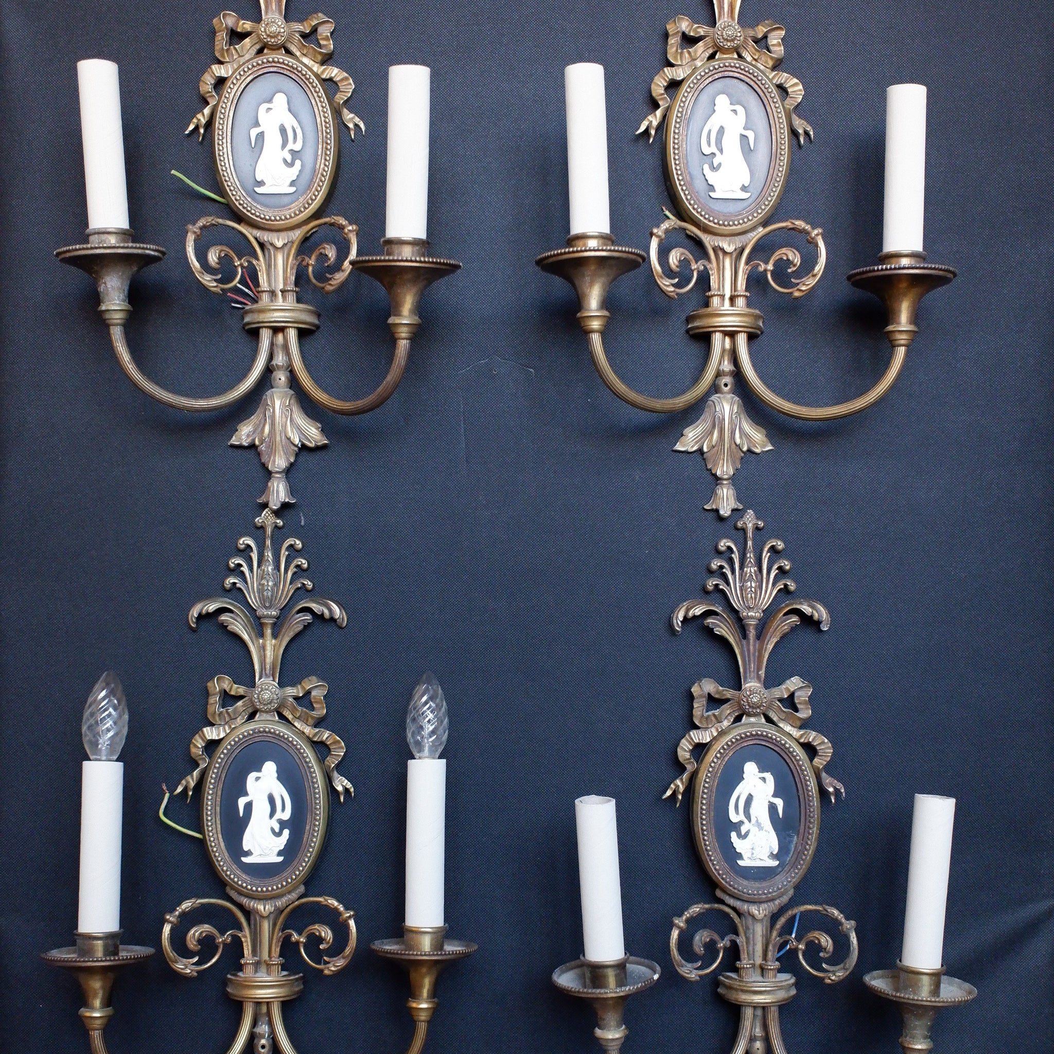 Set of 4 Vintage Ornate Black & Gold Brass Wall Lights Double Arm w/Silhouette