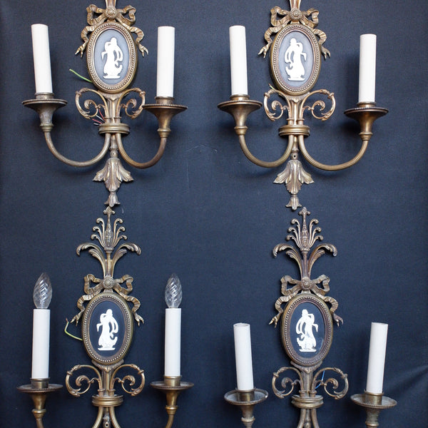 Set of 4 Vintage Ornate Black & Gold Brass Wall Lights Double Arm w/Silhouette