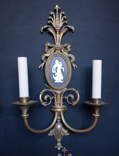 Set of 4 Vintage Ornate Black & Gold Brass Wall Lights Double Arm w/Silhouette