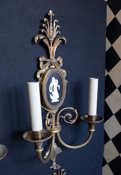 Set of 4 Vintage Ornate Black & Gold Brass Wall Lights Double Arm w/Silhouette