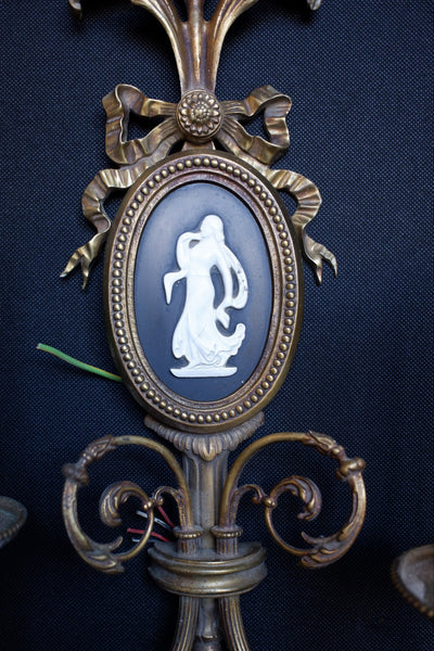 Set of 4 Vintage Ornate Black & Gold Brass Wall Lights Double Arm w/Silhouette