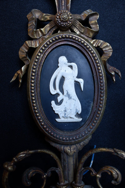 Set of 4 Vintage Ornate Black & Gold Brass Wall Lights Double Arm w/Silhouette