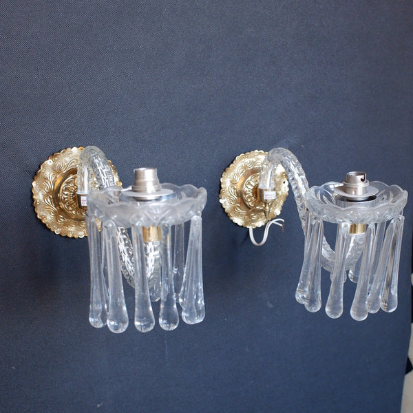 Pair of Vintage Gold Brass Ornate Glass Crystal LUSTRES Wall Lights