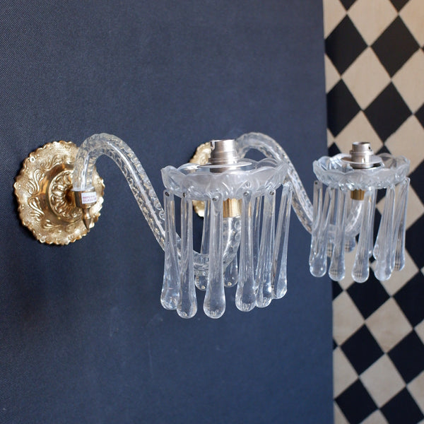 Pair of Vintage Gold Brass Ornate Glass Crystal LUSTRES Wall Lights