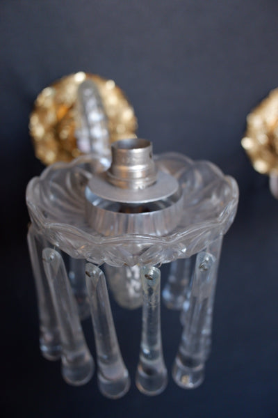 Pair of Vintage Gold Brass Ornate Glass Crystal LUSTRES Wall Lights