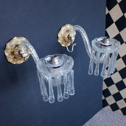 Pair of Vintage Gold Brass Ornate Glass Crystal LUSTRES Wall Lights