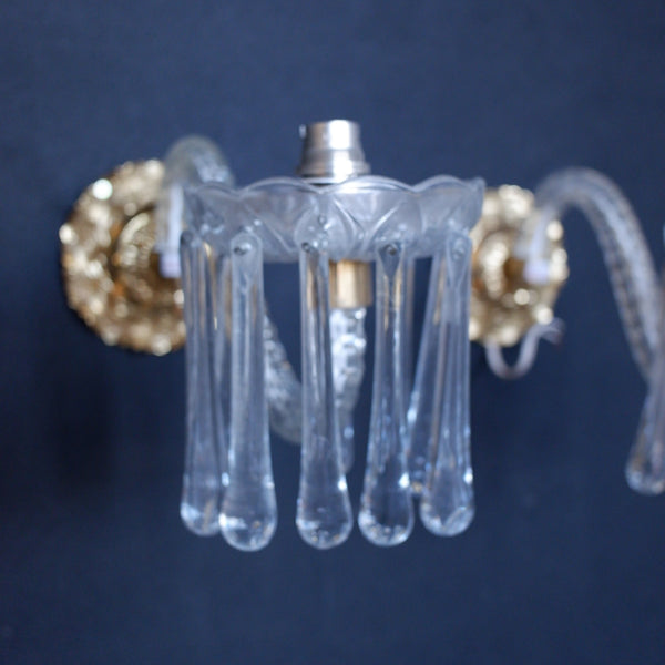 Pair of Vintage Gold Brass Ornate Glass Crystal LUSTRES Wall Lights