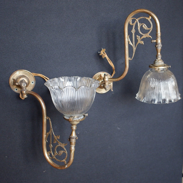 Antique Pair of Gold Ornate Wall Lights Glass Ribbed Shade HOLOPHANE Sconces