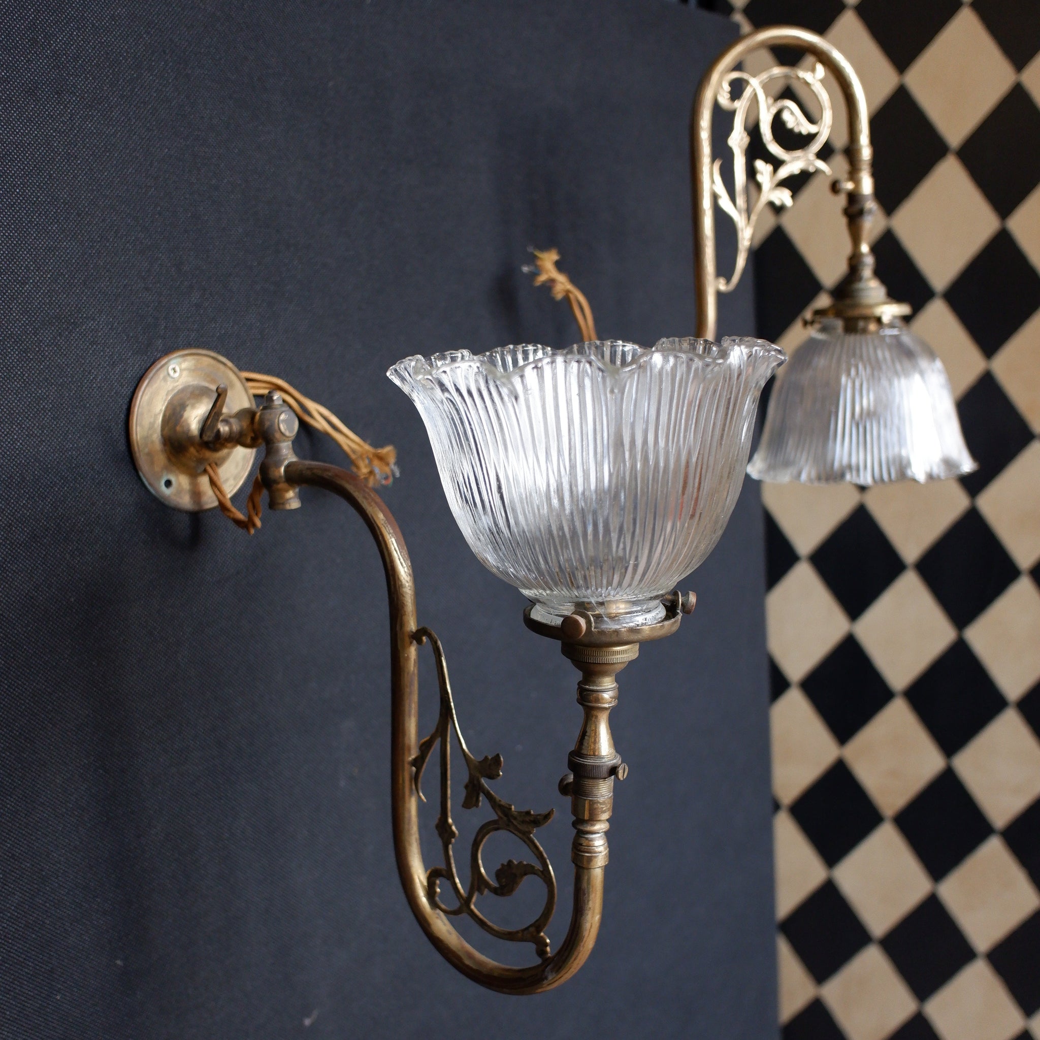 Antique Pair of Gold Ornate Wall Lights Glass Ribbed Shade HOLOPHANE Sconces