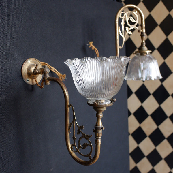 Antique Pair of Gold Ornate Wall Lights Glass Ribbed Shade HOLOPHANE Sconces