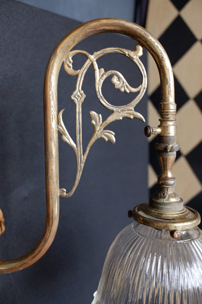 Antique Pair of Gold Ornate Wall Lights Glass Ribbed Shade HOLOPHANE Sconces