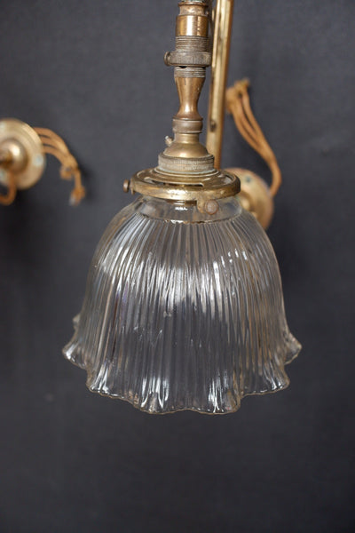 Antique Pair of Gold Ornate Wall Lights Glass Ribbed Shade HOLOPHANE Sconces