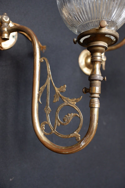 Antique Pair of Gold Ornate Wall Lights Glass Ribbed Shade HOLOPHANE Sconces