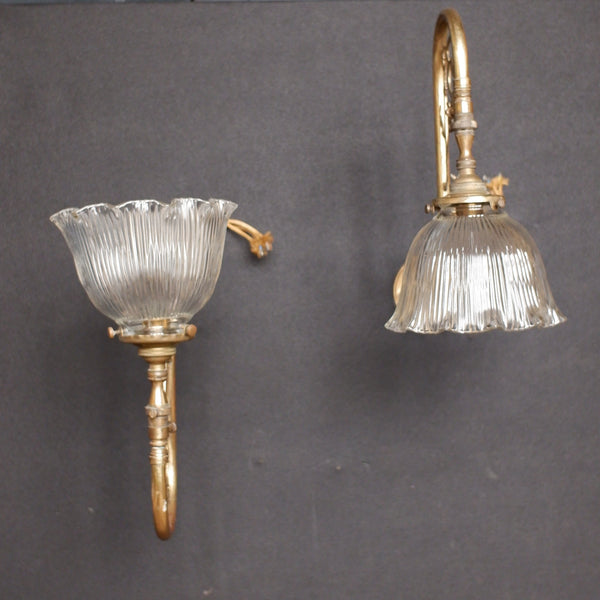 Antique Pair of Gold Ornate Wall Lights Glass Ribbed Shade HOLOPHANE Sconces