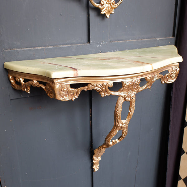 Vintage French Louis Marble Effect Green & Gold Gilt Brass Console Table