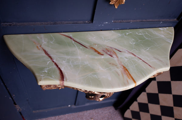 Vintage French Louis Marble Effect Green & Gold Gilt Brass Console Table