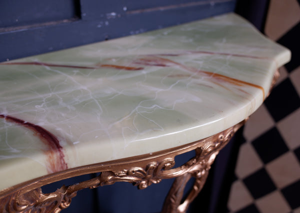 Vintage French Louis Marble Effect Green & Gold Gilt Brass Console Table