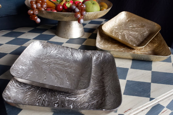 Laura Ashley WINSPEAR Gold/Silver Decorative Embossed Leaf Square Centrepiece Platter Tray -2 Sizes