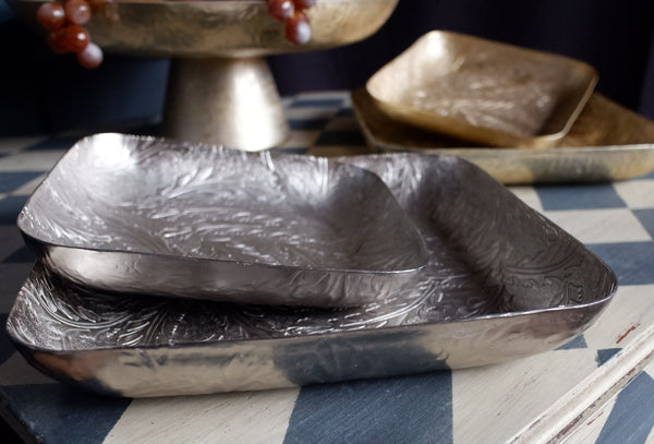 Laura Ashley WINSPEAR Gold/Silver Decorative Embossed Leaf Square Centrepiece Platter Tray -2 Sizes