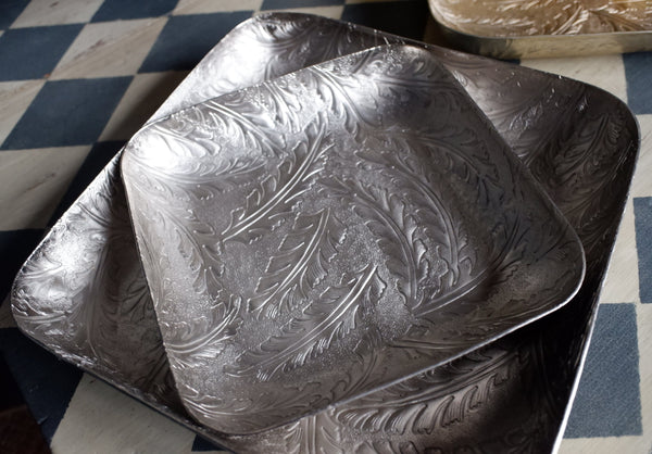 Laura Ashley WINSPEAR Gold/Silver Decorative Embossed Leaf Square Centrepiece Platter Tray -2 Sizes