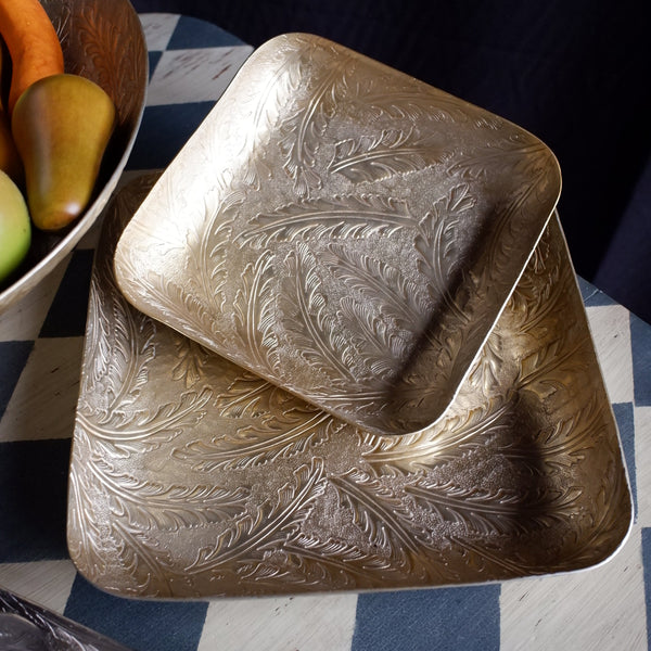 Laura Ashley WINSPEAR Gold/Silver Decorative Embossed Leaf Square Centrepiece Platter Tray -2 Sizes