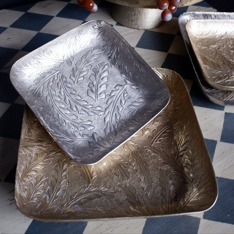 Laura Ashley WINSPEAR Gold/Silver Decorative Embossed Leaf Square Centrepiece Platter Tray -2 Sizes