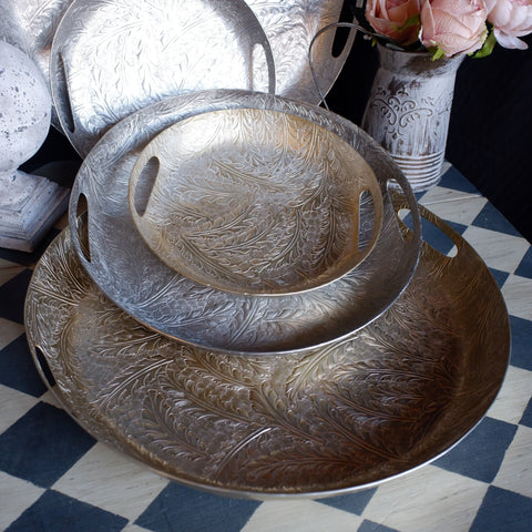Laura Ashley WINSPEAR Gold/Silver Decorative Embossed Leaf Round Centrepiece Platter Tray -3 Sizes