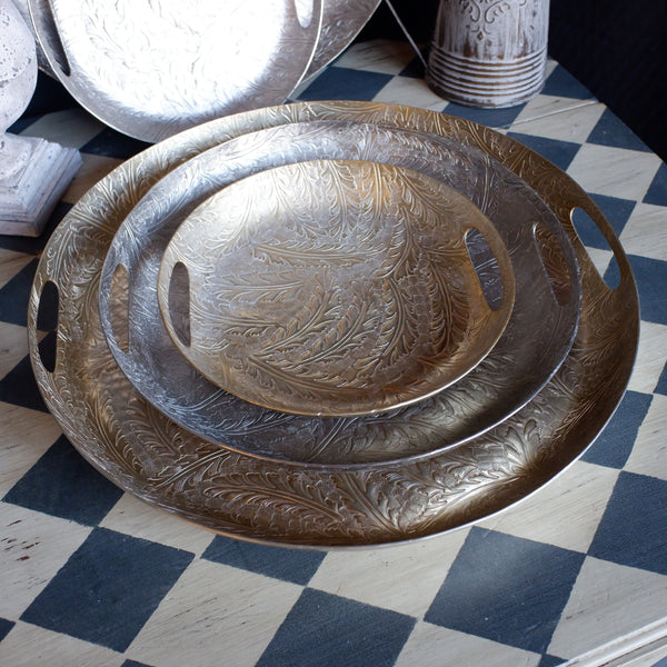 Laura Ashley WINSPEAR Gold/Silver Decorative Embossed Leaf Round Centrepiece Platter Tray -3 Sizes