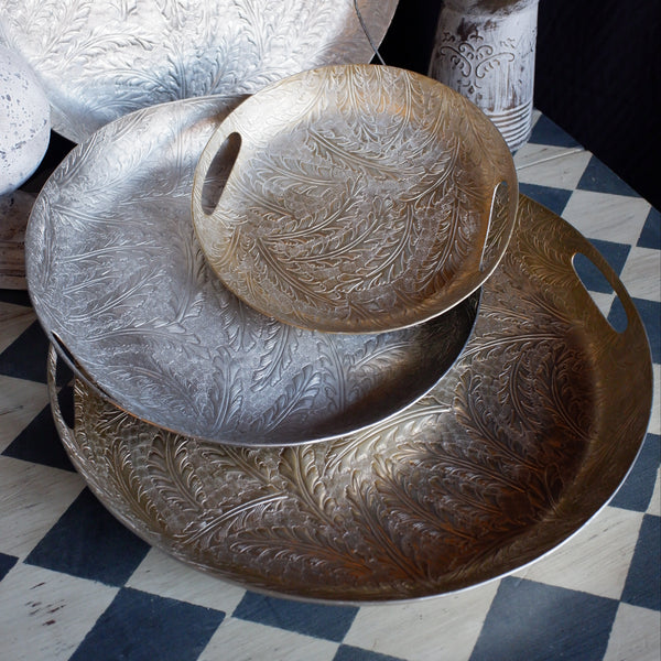 Laura Ashley WINSPEAR Gold/Silver Decorative Embossed Leaf Round Centrepiece Platter Tray -3 Sizes