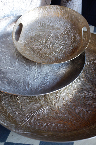 Laura Ashley WINSPEAR Gold/Silver Decorative Embossed Leaf Round Centrepiece Platter Tray -3 Sizes