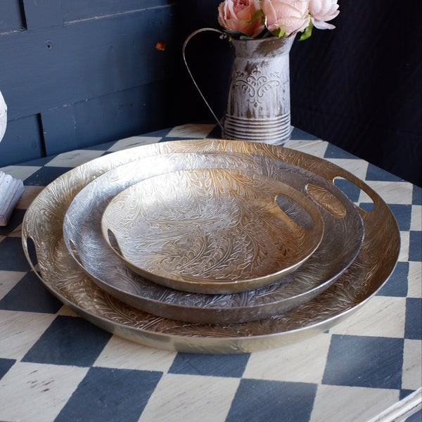 Laura Ashley WINSPEAR Gold/Silver Decorative Embossed Leaf Round Centrepiece Platter Tray -3 Sizes