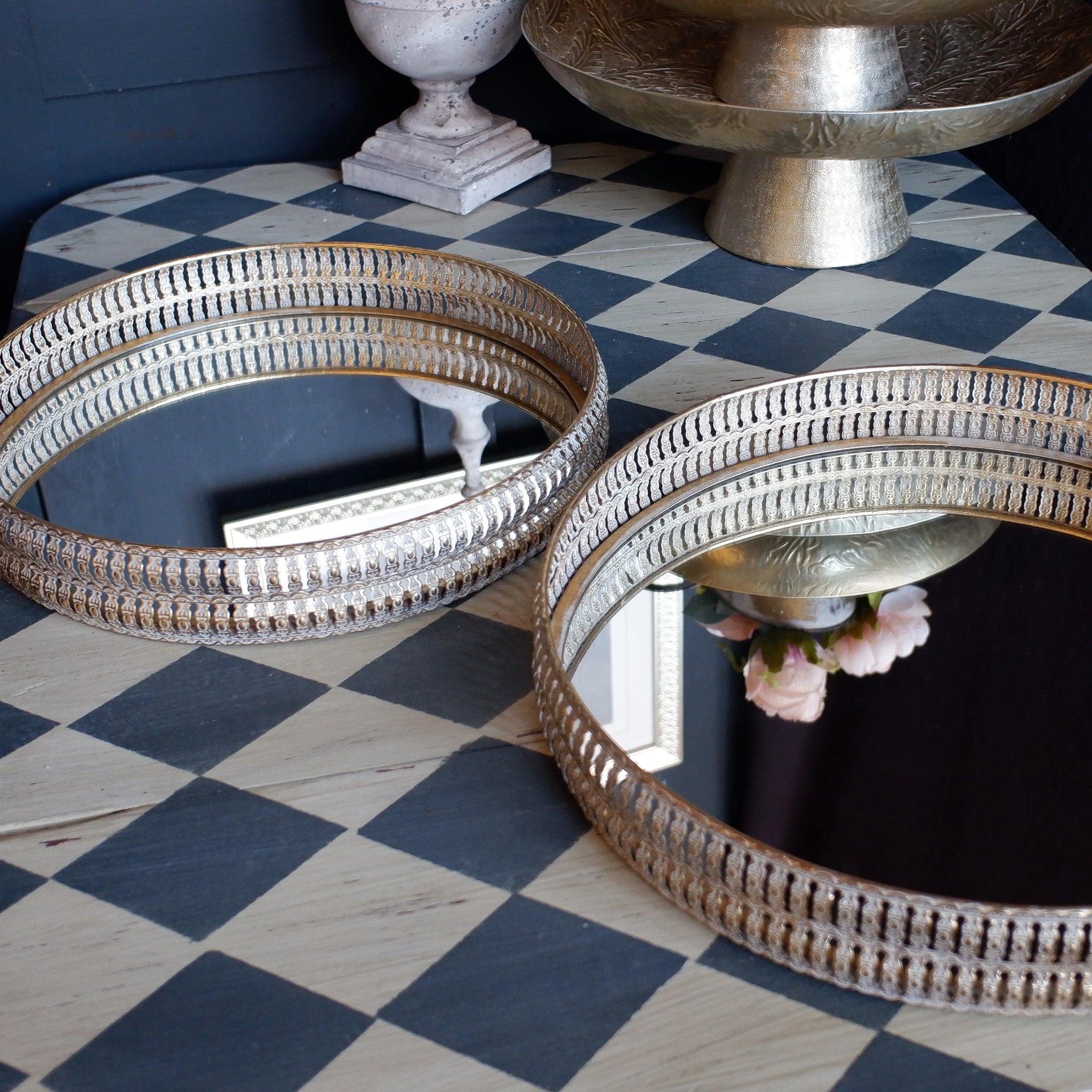 Gold Decorative Mirror Serving Tray Metal Display Platter - 2 Sizes