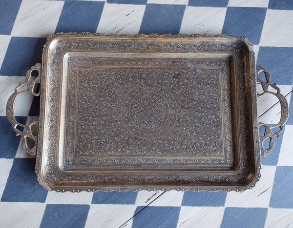 Antique Brass Indian Etched Serving Tray Decorative Metal Rectangular Display