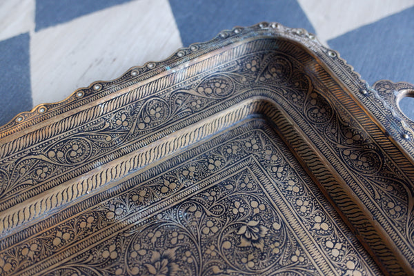Antique Brass Indian Etched Serving Tray Decorative Metal Rectangular Display