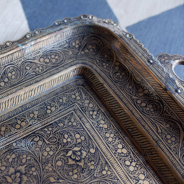 Antique Brass Indian Etched Serving Tray Decorative Metal Rectangular Display