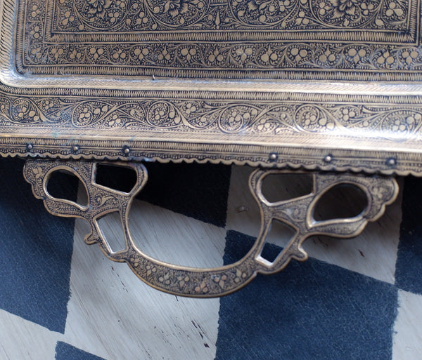 Antique Brass Indian Etched Serving Tray Decorative Metal Rectangular Display
