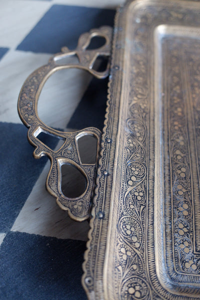 Antique Brass Indian Etched Serving Tray Decorative Metal Rectangular Display
