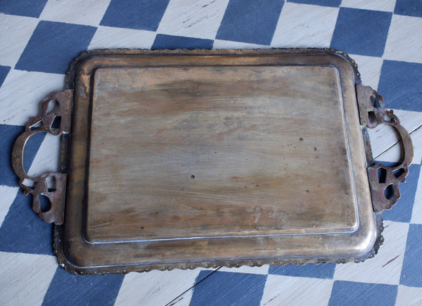 Antique Brass Indian Etched Serving Tray Decorative Metal Rectangular Display