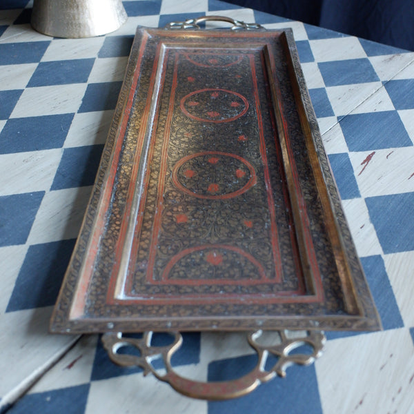 Antique Brass Indian Etched Serving Tray Decorative Metal Rectangular Display