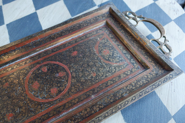 Antique Brass Indian Etched Serving Tray Decorative Metal Rectangular Display