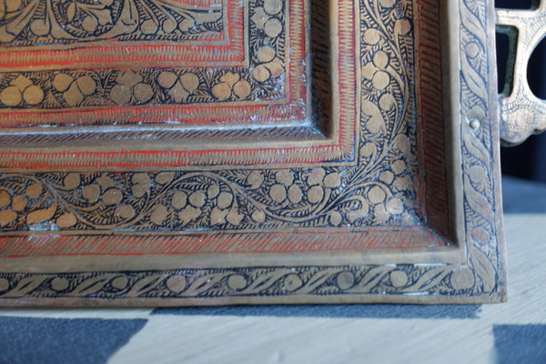 Antique Brass Indian Etched Serving Tray Decorative Metal Rectangular Display